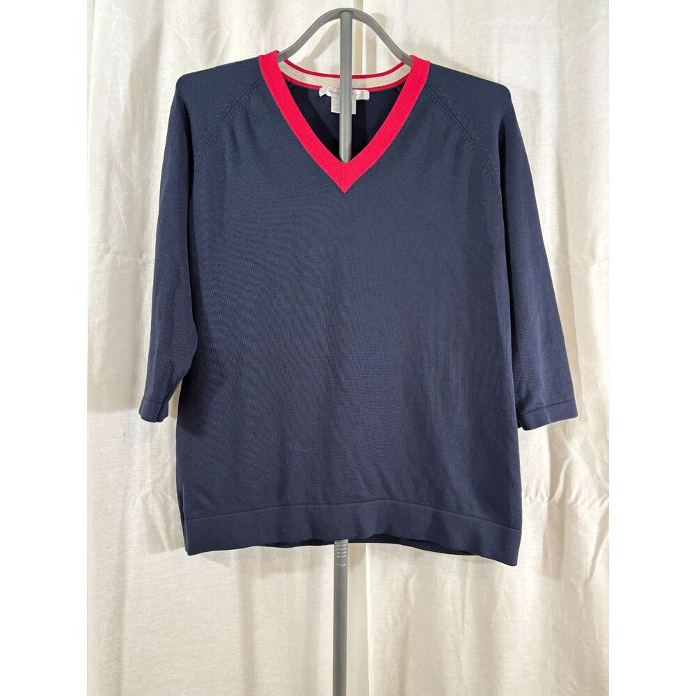 Vintage Y2K Nike Golf Women's V Neck Sweater L 12-14 Navy Red 3/4 Sleeve